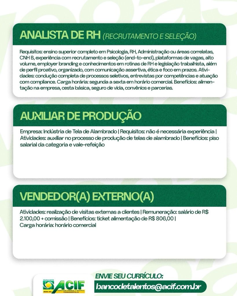 ANALISTA DE RH / AUX DE PRODUÇÃO / VENDEDOR(A) EXTERNO(A)